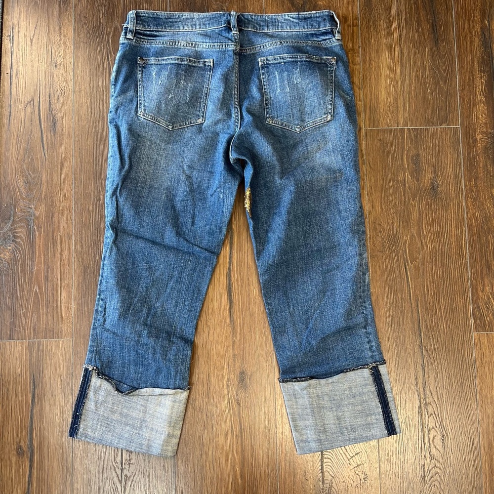 Anthropologie Pilcro gold sequin floral embellished wide cuff distressed jean 30 - Picture 9 of 10